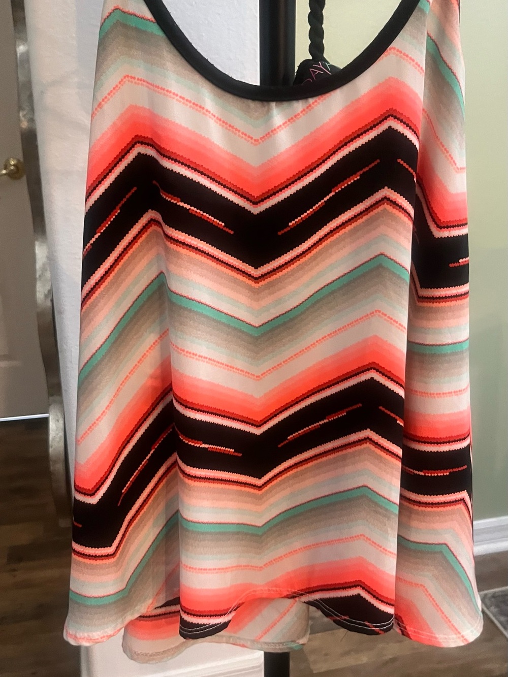 Chevron Print Short Sleeve Women's Top in Coral, Black & Mint